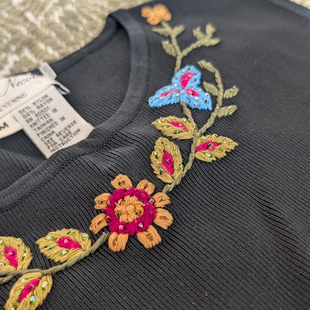 Vintage Embroidered Black Top with Floral Design